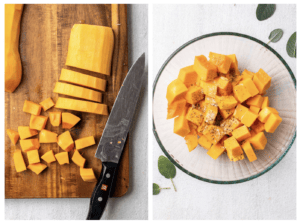 A peeled butternut squash being cut into strips and cubes, and a bowl with squash cubes being seasoned.